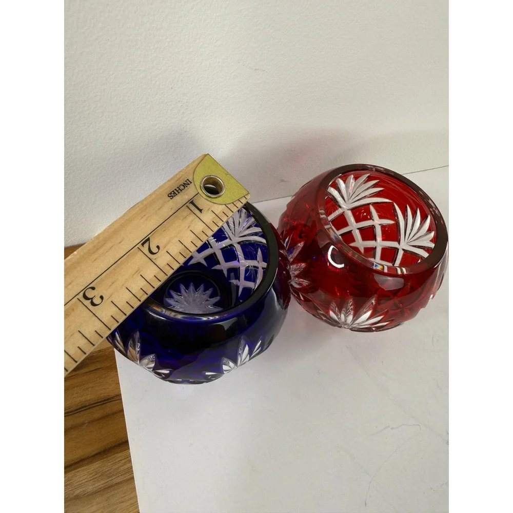 Faberge Crystal Votive Candle Holders Ruby Red Cobalt Blue Cut Clear Signed Pair